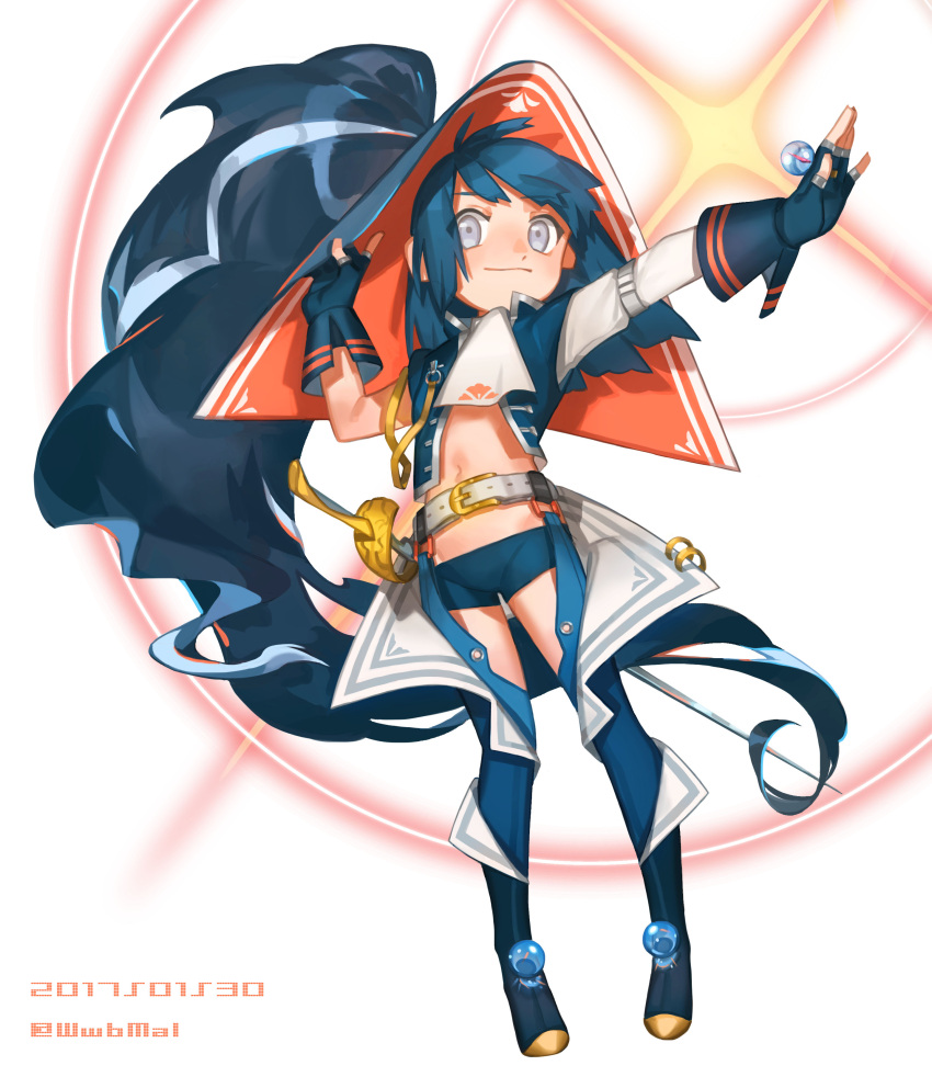 1girl, absurdres, bangs, belt_buckle, black_gloves, black_vest, blue_footwear, blue_hair