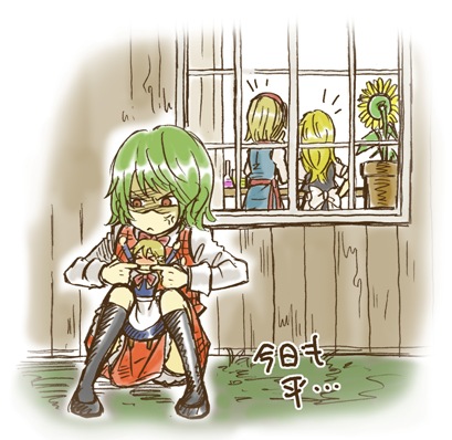 4girls, alice_margatroid, anger_vein, black_legwear, bullying, charin, face_stretching, flower_pot
