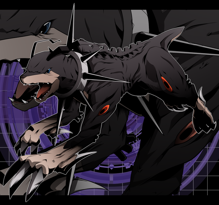 animal_ears, blue_eyes, claws, digimon, digimon_xros_wars, dobermon, dog, dog_ears, fangs, no_humans, open_mouth, satsuki_mei_(sakuramochi), solo, tongue