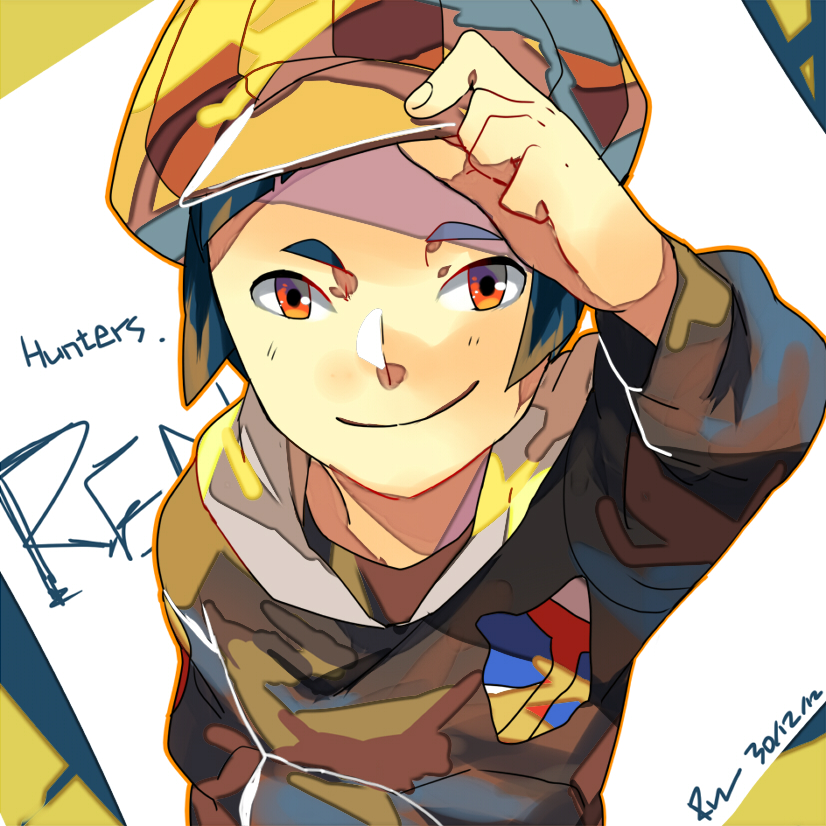 1boy, artist_name, blue_hair, character_name, dated, digimon, digimon_xros_wars, hat, male_focus, orange_eyes, portrait, reach_(rrrui), simple_background, solo, tobari_ren, white_background