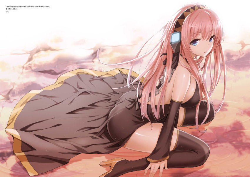 1girl, backless_outfit, bangs, bare_shoulders, blue_eyes, breasts, dress, eyebrows_visible_through_hair, hairband, high_heels, highres, large_breasts, long_hair, looking_at_viewer, megurine_luka, open_mouth, pink_hair, saitou_masatsugu, sitting, solo, thigh-highs, vocaloid, wariza