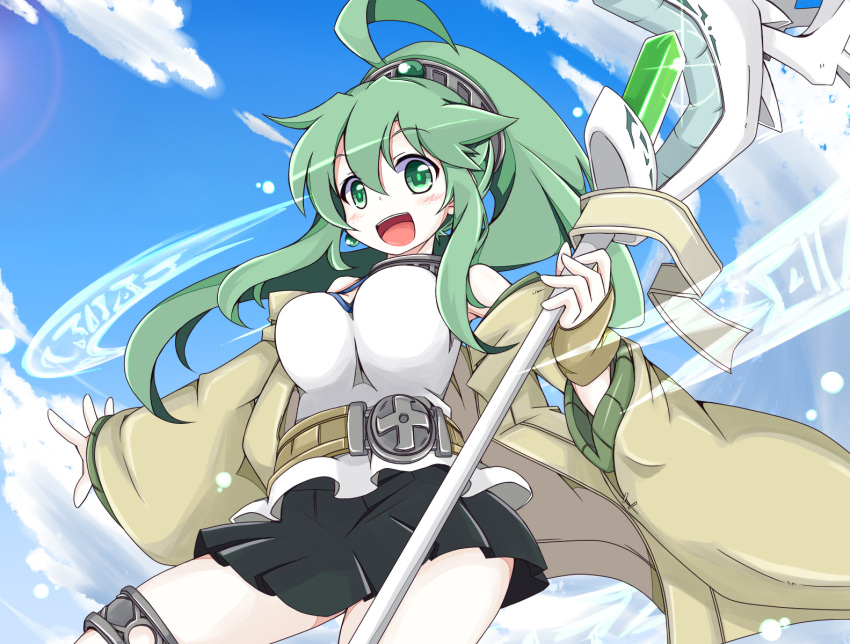 1girl, bare_shoulders, belt, breasts, choker, coat, duel_monster, green_eyes