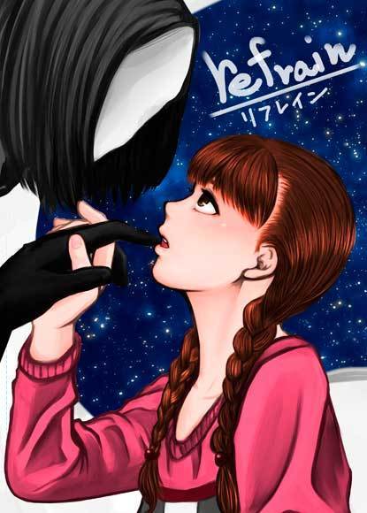 1boy, 1girl, black_eyes, black_hair, braid, brown_hair, commentary_request, cover, cover_page, english, faceless, from_side, hand_holding, long_sleeves, looking_at_another, madotsuki, open_mouth, pink_shirt, ponesuke, sekomumasada_sensei, shirt, twin_braids, upper_body, yume_nikki