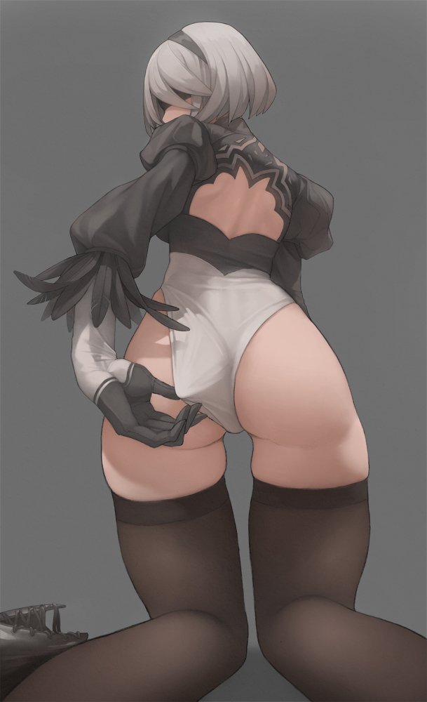 1girl, adjusting_clothes, adjusting_leotard, ass, blindfold, feather-trimmed_sleeves, from_behind, hairband