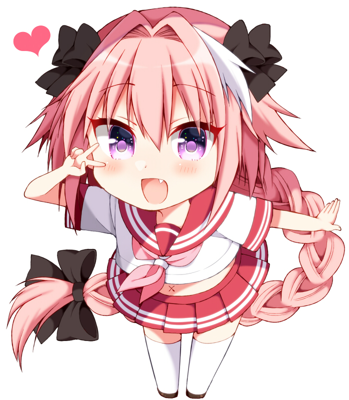 1boy, :d, arm_behind_back, astolfo_(fate), bangs, black_bow, black_footwear, blush, bow, braid, chibi, commentary_request, crop_top, dot_nose, eyebrows_visible_through_hair, eyelashes, eyes_visible_through_hair, fang, fate/apocrypha, fate/grand_order, fate_(series), full_body, hair_between_eyes, hair_bow, hair_intakes, hands_up, happy, heart, leaning_forward, loafers, long_braid, looking_at_viewer, male_focus, miniskirt, multicolored_hair, navel, neckerchief, open_hand, open_mouth, parted_bangs, pink_hair, pink_neckwear, pleated_skirt, raised_eyebrows, red_sailor_collar, red_skirt, sailor_collar, school_uniform, serafuku, shirt, shoes, short_hair_with_long_locks, short_sleeves, simple_background, single_braid, skirt, sleeve_cuffs, smile, solo, standing, streaked_hair, thigh-highs, trap, tsukudani_norio, tsurime, two-tone_hair, v, violet_eyes, white_background, white_hair, white_legwear, white_shirt, x_navel