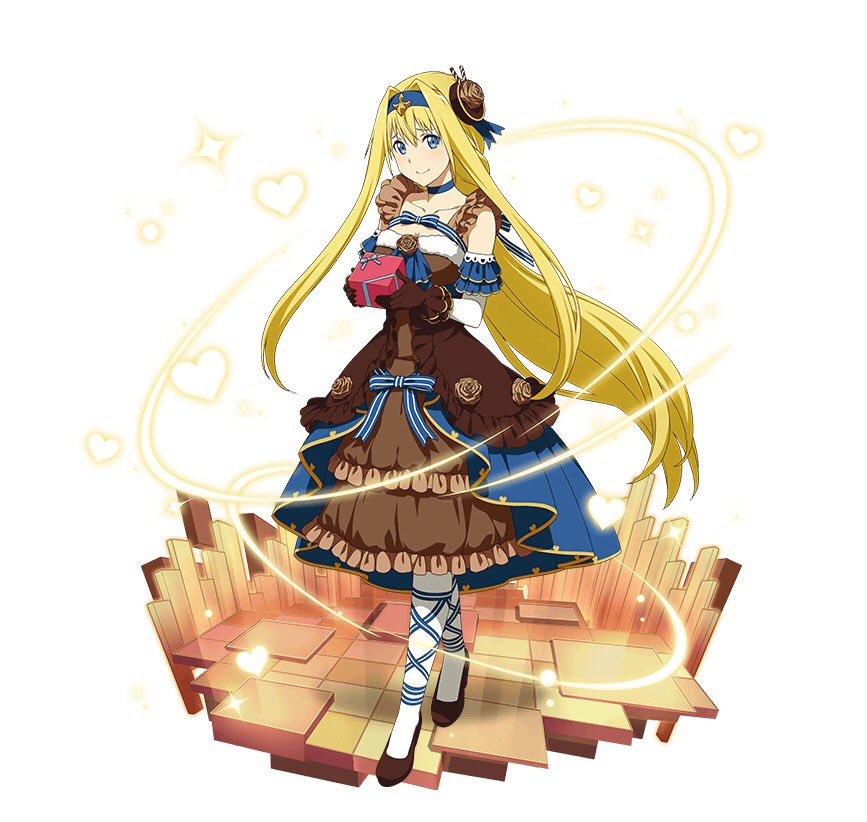 1girl, alice_schuberg, arm_strap, blonde_hair, blue_eyes, blue_ribbon, box, brown_dress