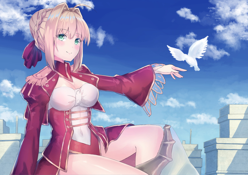 1girl, absurdres, ahoge, bird, blonde_hair, blue_sky, blush, breasts
