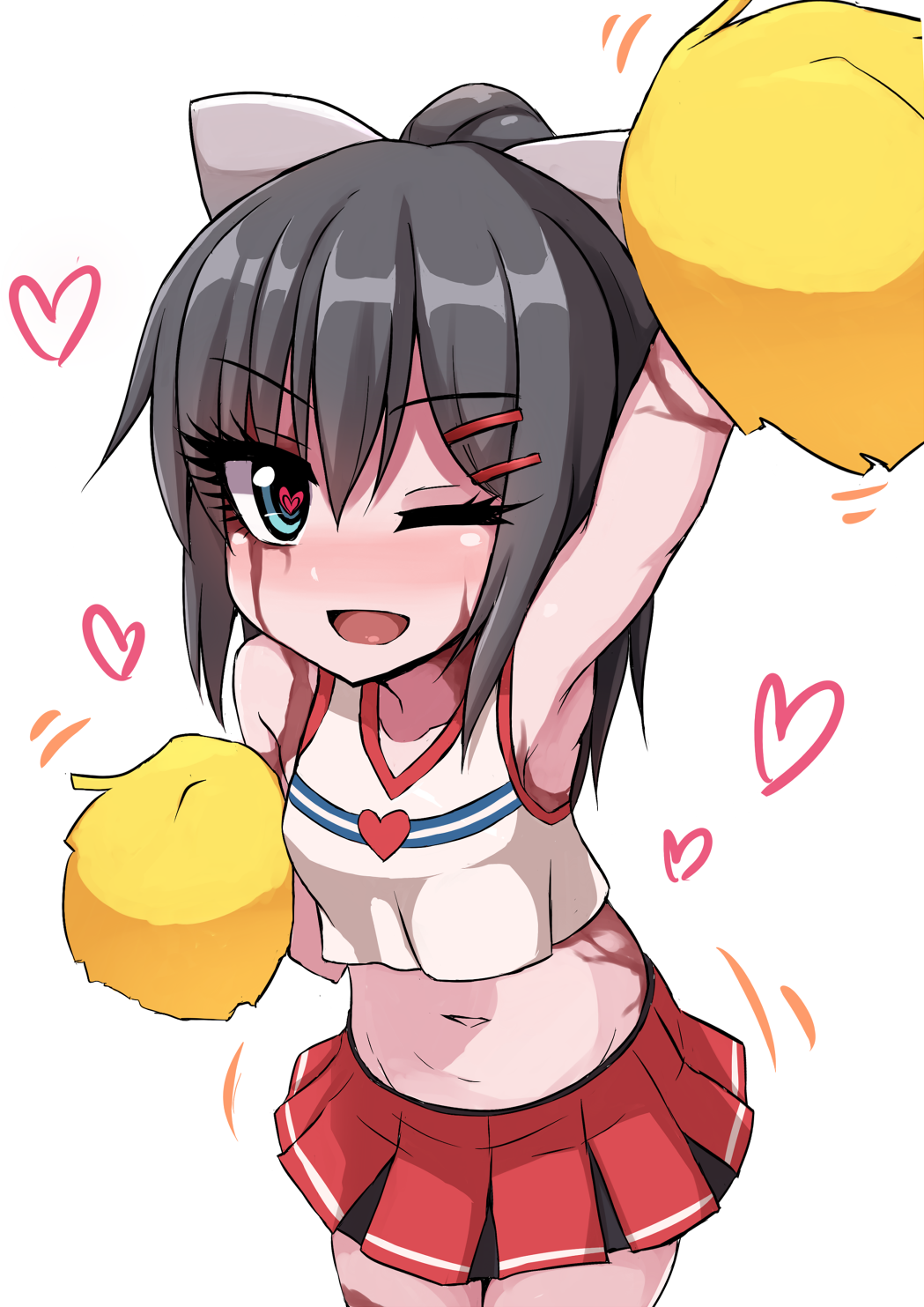 1girl, ;d, arm_up, black_hair, blue_eyes, blush, bow, burn_scar