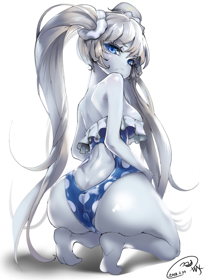 1girl, arms_at_sides, ass, backless_outfit, barefoot, blue_eyes, blue_swimsuit, breasts