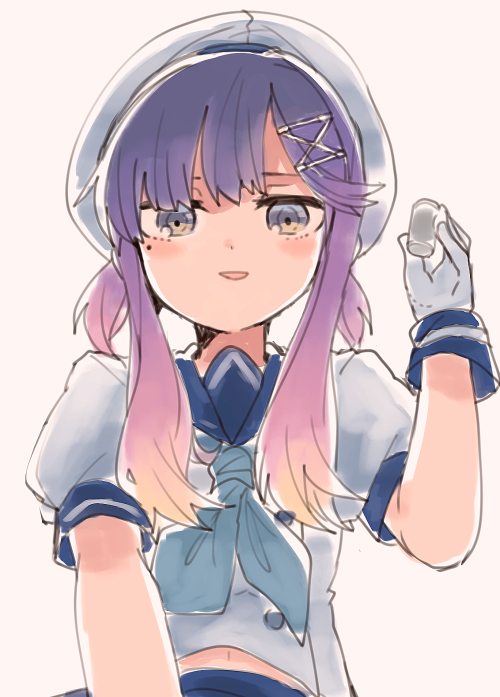 1girl, blue_neckwear, blush, from_below, gloves, gradient_hair, hair_between_eyes, hair_ornament, hairclip, hat, itomugi-kun, kantai_collection, long_hair, looking_at_viewer, multicolored_hair, neckerchief, open_mouth, pink_hair, purple_hair, sailor_collar, sailor_hat, school_uniform, serafuku, short_sleeves, simple_background, solo, tsushima_(kantai_collection), upper_body, violet_eyes, white_background, white_gloves