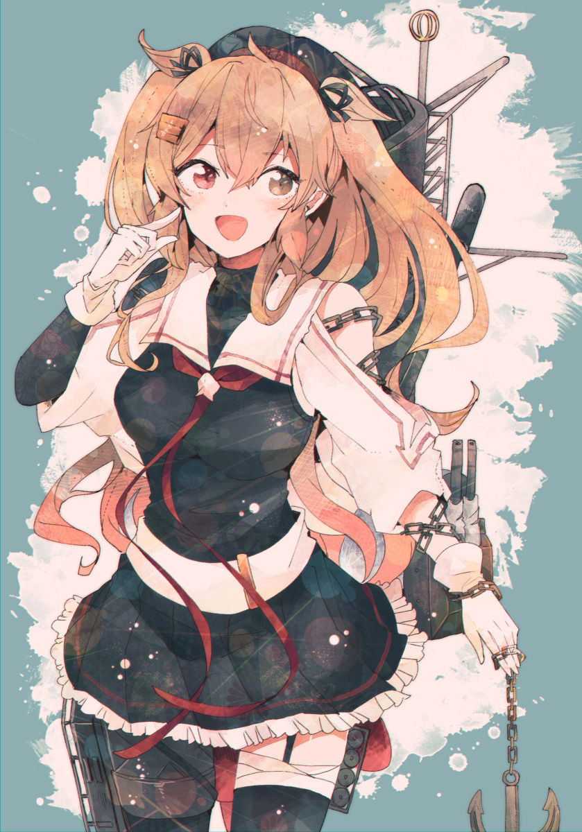 1girl, anchor, asymmetrical_clothes, beret, black_legwear, black_serafuku, blush, breasts
