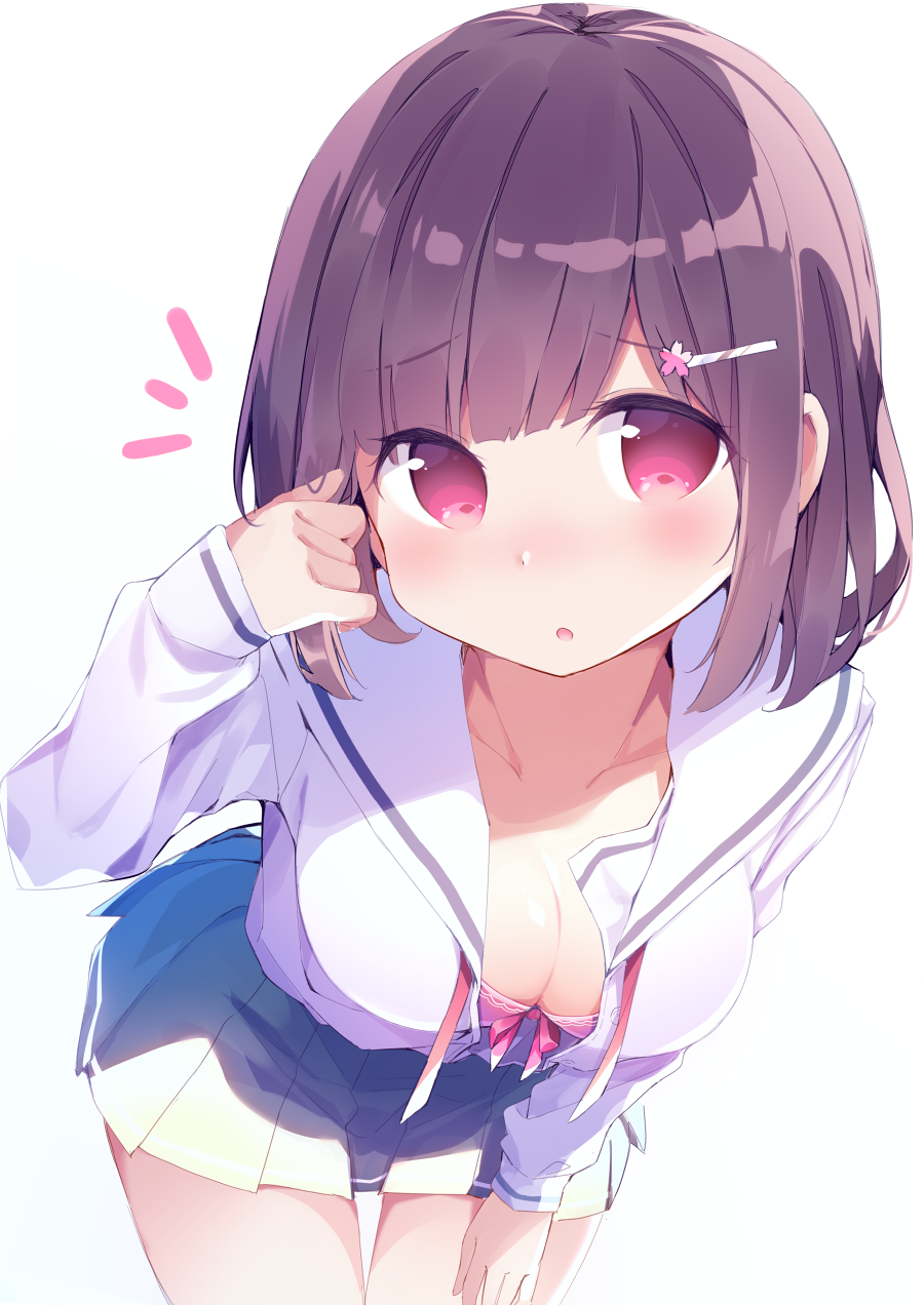 1girl, adjusting_hair, blush, bra, breasts, chikuwa., cleavage, collarbone
