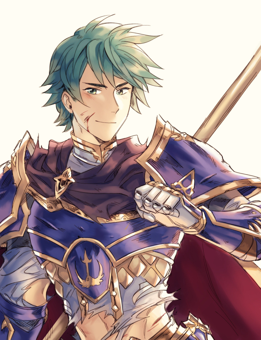 1boy, absurdres, armor, blue_eyes, blue_hair, cape, ephraim, fire_emblem, fire_emblem:_seima_no_kouseki, fire_emblem_heroes, gloves, green_hair, highres, male_focus, polearm, short_hair, smile, spear, tecchen, weapon