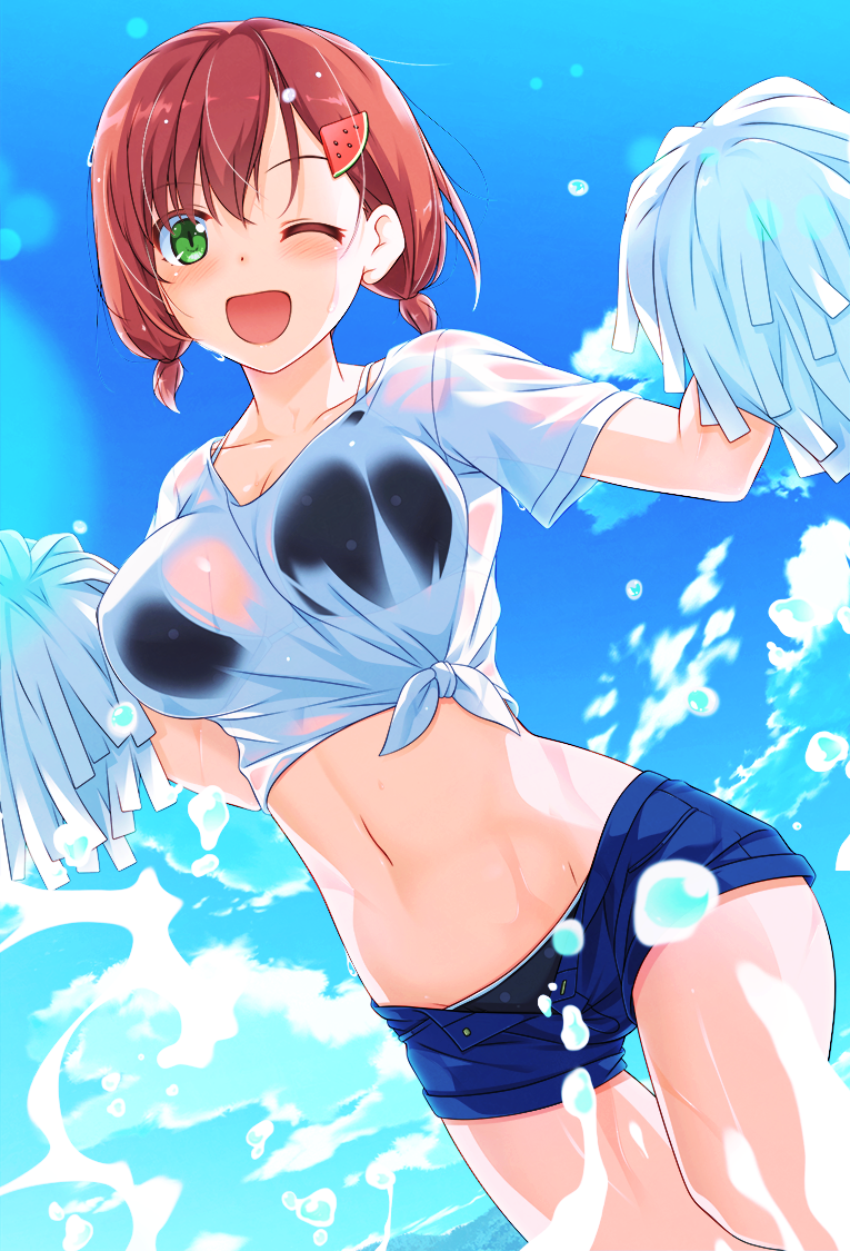 1girl, bikini, bikini_under_clothes, black_bikini, blue_shorts, blue_sky, blush, clouds