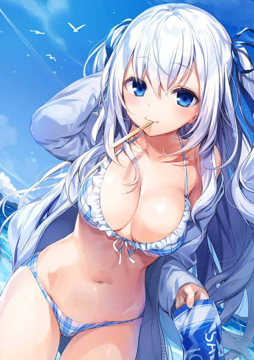 1girl, :3, animal, arm_behind_head, arm_up, bangs, bikini, bird