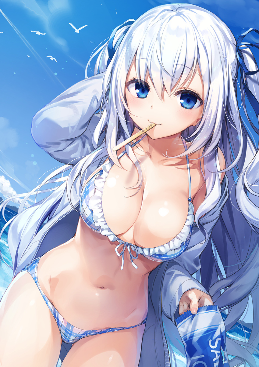 1girl, :3, animal, arm_behind_head, arm_up, bangs, bikini, bird