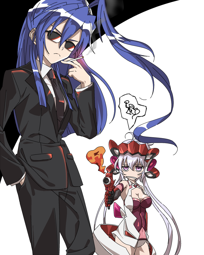 2girls, ahoge, blue_hair, bodysuit, breasts, cigarette, cleavage, covered_navel