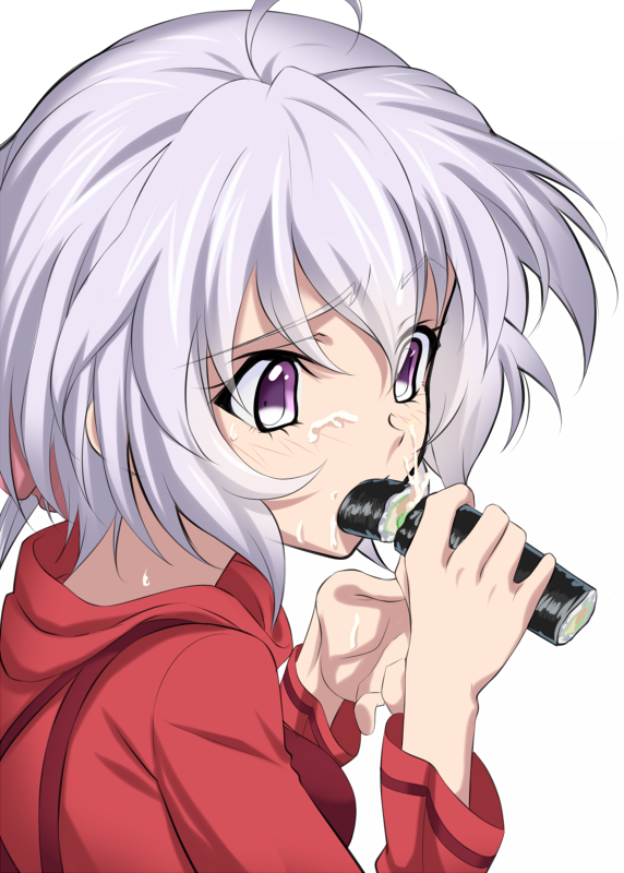 1girl, ahoge, blush, eating, food, food_on_face, hair_ornament, mototenn, purple_hair, red_shirt, senki_zesshou_symphogear, sexually_suggestive, shirt, simple_background, solo, twintails, violet_eyes, white_background, yukine_chris
