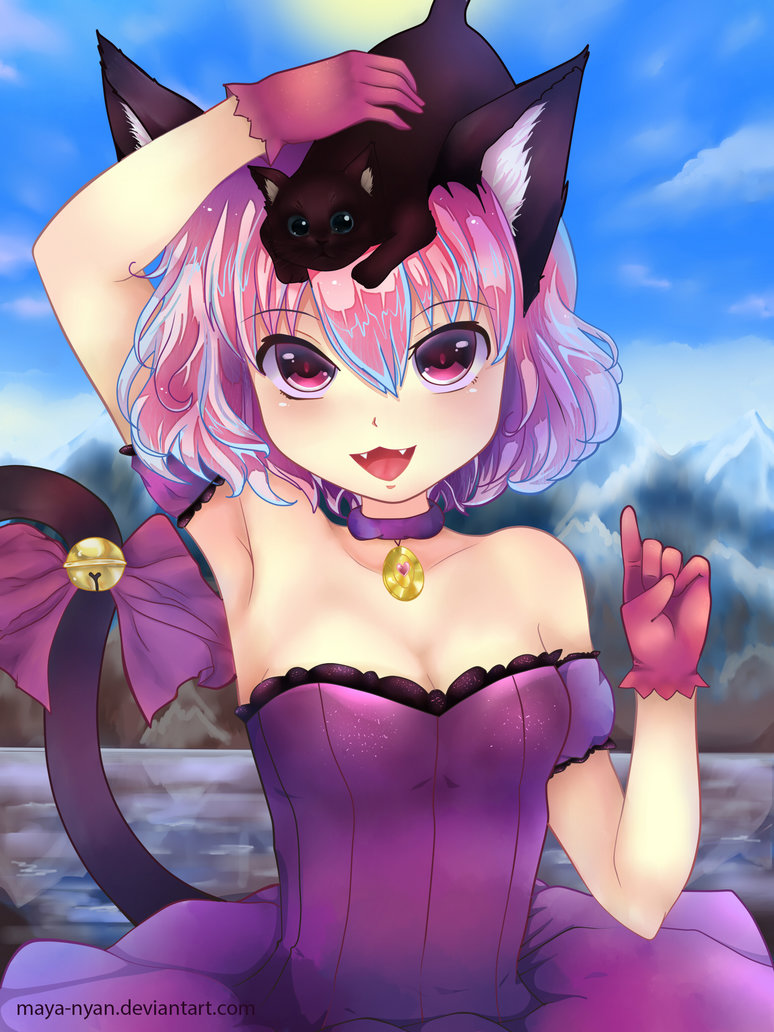 1girl, @maya, bell, cat, cat_ears, choker, fang, gloves, mew_ichigo, nekomimi, pendant, pink_eyes, pink_hair, purple_dress, ribbon, tail, tokyo_mew_mew