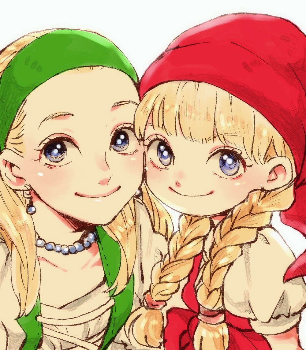 2girls, ashinamaturi, blonde_hair, blue_eyes, cheek-to-cheek, dragon_quest, dragon_quest_xi, earrings, hairband, hat, jewelry, long_hair, looking_at_viewer, multiple_girls, necklace, senya_(dq11), siblings, sisters, veronica_(dq11)