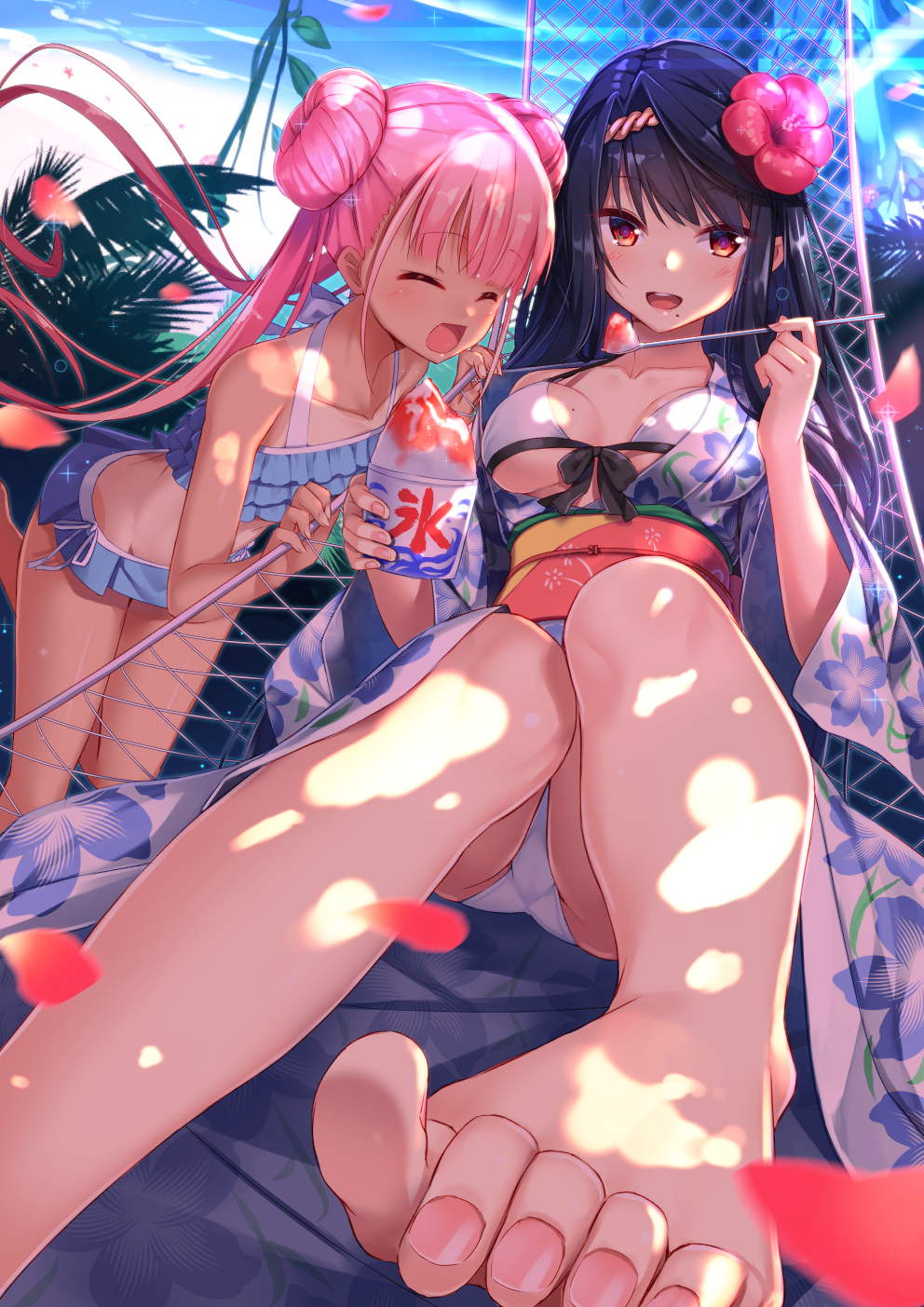 2girls, ass, bikini, black_hair, breasts, closed_eyes, double_bun, feet