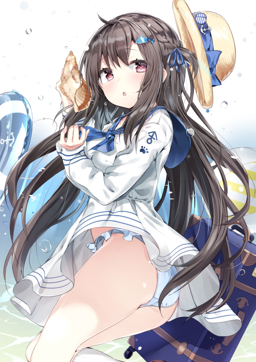 1girl, anchor_hat_ornament, ass, bag, bangs, black_hair, blue_ribbon, blue_sailor_collar