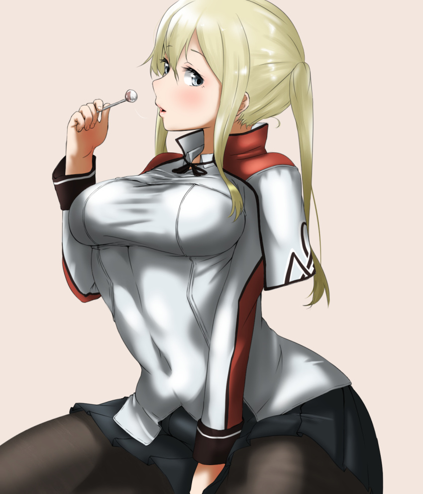 1girl, black_gloves, black_legwear, blonde_hair, blue_eyes, blush, breasts, candy, capelet, caramel, chupa_chups, closed_mouth, cropped_torso, crossed_arms, food, gloves, graf_zeppelin_(kantai_collection), hair_between_eyes, highres, impossible_clothes, kantai_collection, large_breasts, lollipop, long_hair, long_sleeves, looking_at_viewer, military, military_uniform, necktie, no_hat, no_headwear, pantyhose, quad_tails, red_neckwear, simple_background, solo, tama_(seiga46239239), twintails, uniform