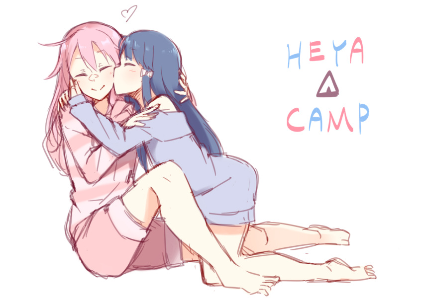 2girls, ^_^, barefoot, blue_hair, character_request, cheek_kiss, closed_eyes, couple, heart, hetareeji, hug, kiss, long_hair, multiple_girls, pink_hair, shorts, simple_background, sketch, smile, white_background, yuri, yurucamp
