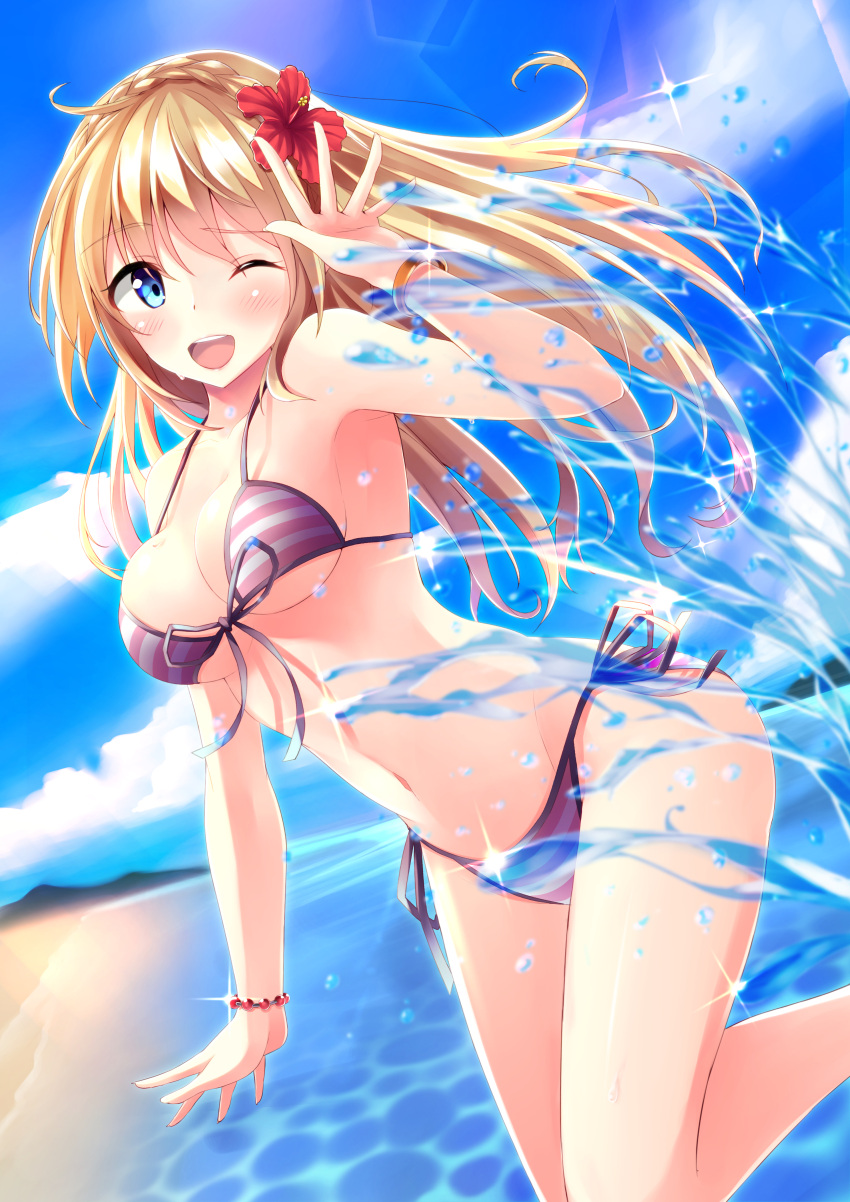 1girl, absurdres, bikini, blonde_hair, blue_eyes, blue_sky, bracelet, breasts