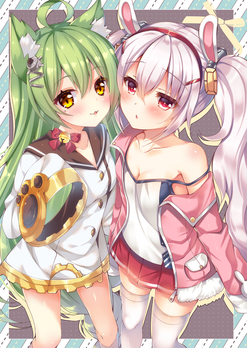 2girls, :3, ahoge, akashi_(azur_lane), animal_ears, azur_lane, bangs, bare_shoulders, bell, black_sailor_collar, blush, bow, breasts, camisole, cat_ears, cleavage, collarbone, commentary_request, dress, eyebrows_visible_through_hair, green_hair, hair_between_eyes, hair_ornament, hairband, highres, jacket, jingle_bell, kneehighs, laffey_(azur_lane), long_hair, long_sleeves, looking_at_viewer, multiple_girls, off_shoulder, open_clothes, open_jacket, parted_lips, pink_jacket, pleated_skirt, rabbit_ears, red_bow, red_eyes, red_hairband, red_skirt, sailor_collar, sailor_dress, silver_hair, skirt, sleeves_past_fingers, sleeves_past_wrists, small_breasts, strap_slip, suzune_rena, thigh-highs, twintails, very_long_hair, white_camisole, white_dress, white_legwear, wide_sleeves, yellow_eyes