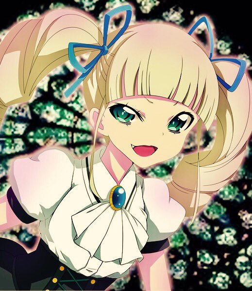 1girl, aikatsu!, blonde_hair, drill_hair, fang, gothic_lolita, green_eyes, hair_ribbon