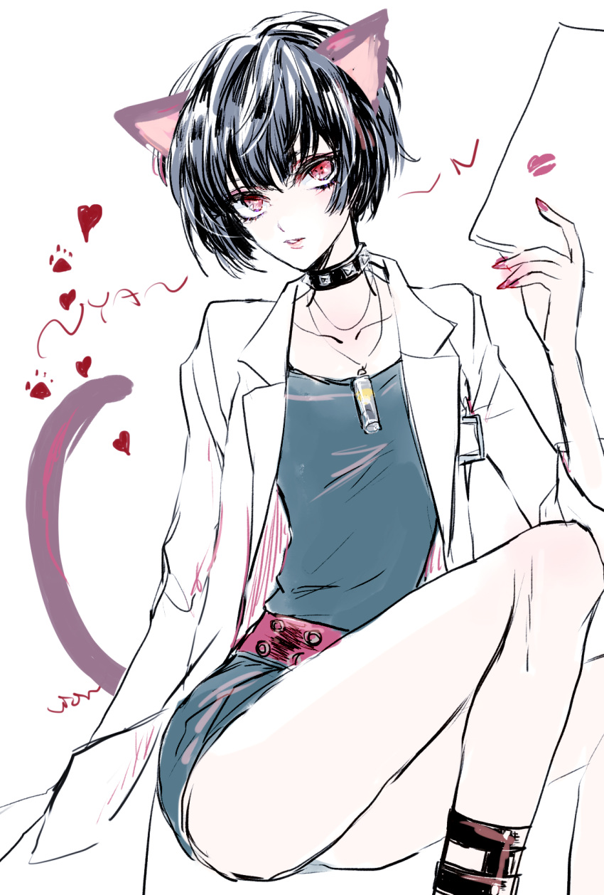 1girl, animal_ears, belt, black_hair, cat_ears, cat_tail, choker, collarbone