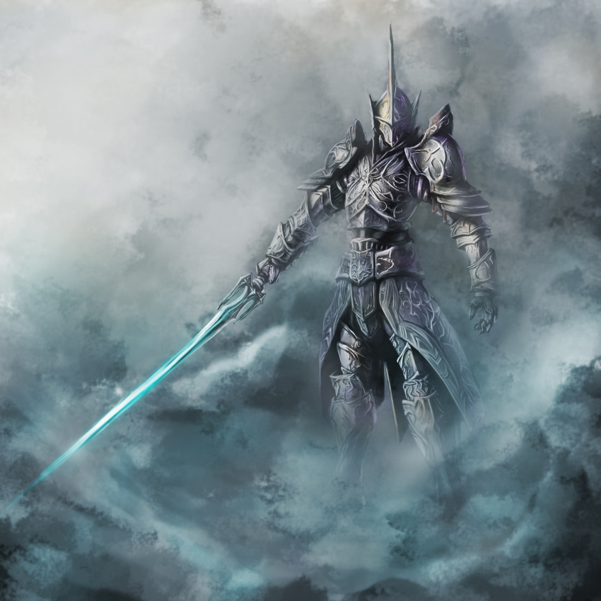 1boy, armor, demon's_souls, fog, gauntlets, greaves, helmet, highres, holding, holding_sword, holding_weapon, oyu_(mxqxm), pauldrons, penetrator, solo, souls_(from_software), sword, weapon