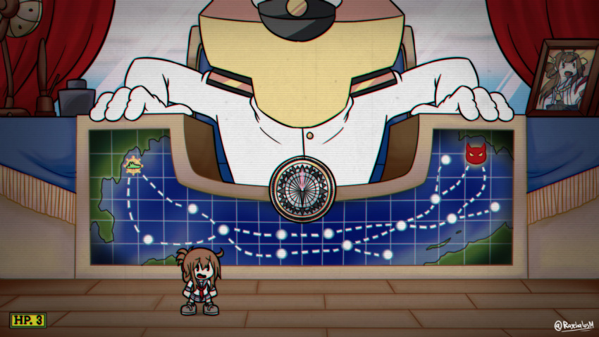 1boy, 1girl, :d, black_eyes, black_skirt, brown_footwear, brown_hair, commentary_request