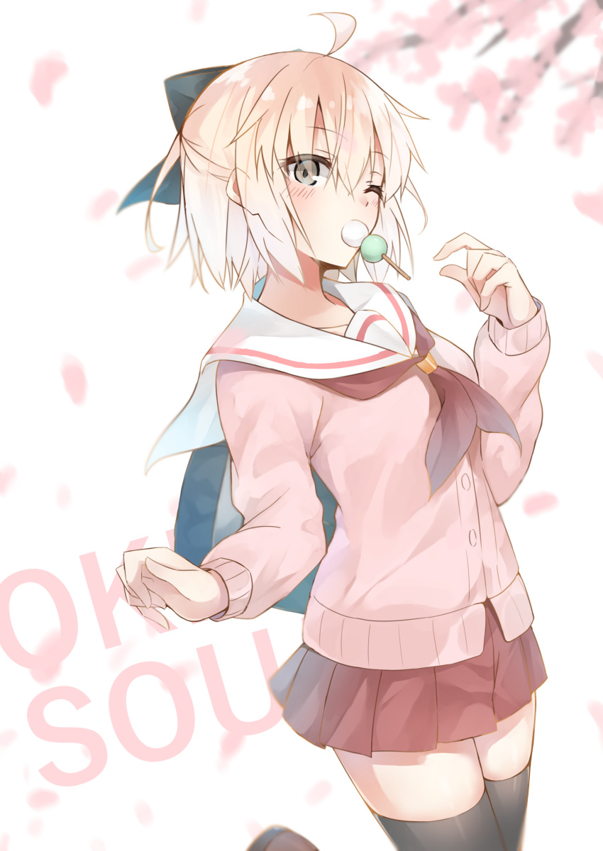 1girl, absurdres, ahoge, black_bow, black_legwear, blonde_hair, blush, bow, breasts, buttons, cherry_blossoms, dango, eating, fate/grand_order, fate_(series), food, grey_eyes, highres, jacket, koha-ace, long_sleeves, looking_at_viewer, medium_breasts, okita_souji_(fate), one_eye_closed, petals, pink_jacket, pleated_skirt, red_neckwear, red_skirt, sailor_collar, school_uniform, shiny, shiny_hair, short_hair, skirt, standing, thigh-highs, wagashi, white_background, yakitori_(yakitori06)