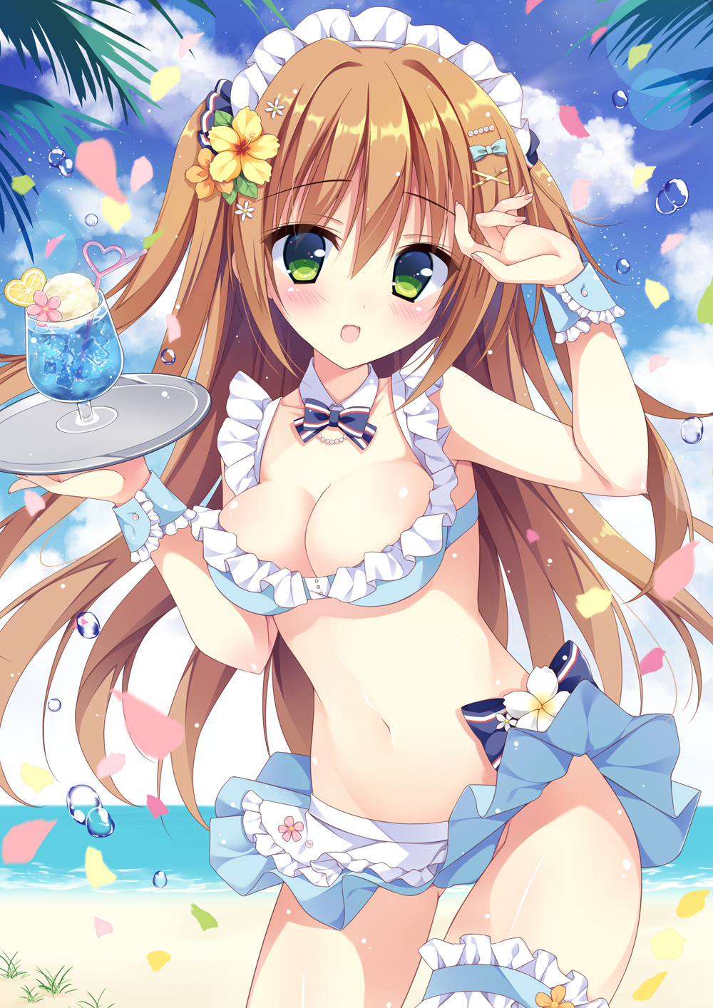 1girl, :d, apron, arm_up, bangs, beach, bikini, bikini_skirt, blue_bikini, blue_bow, blue_sky, blush, bow, breasts, brown_hair, cleavage, clouds, cloudy_sky, collarbone, commentary_request, day, detached_collar, drink, drinking_straw, eyebrows_visible_through_hair, fingernails, flower, frilled_apron, frills, green_eyes, hair_between_eyes, hair_bow, hair_flower, hair_ornament, hairclip, heart_straw, highres, holding, holding_tray, izuminanase, long_hair, looking_at_viewer, maid, medium_breasts, moe2018, nail_polish, ocean, open_mouth, orange_flower, original, outdoors, petals, pink_nails, sand, sky, smile, solo, swimsuit, tray, very_long_hair, waist_apron, water, water_drop, white_apron, white_collar, wrist_cuffs, x_hair_ornament, yellow_flower
