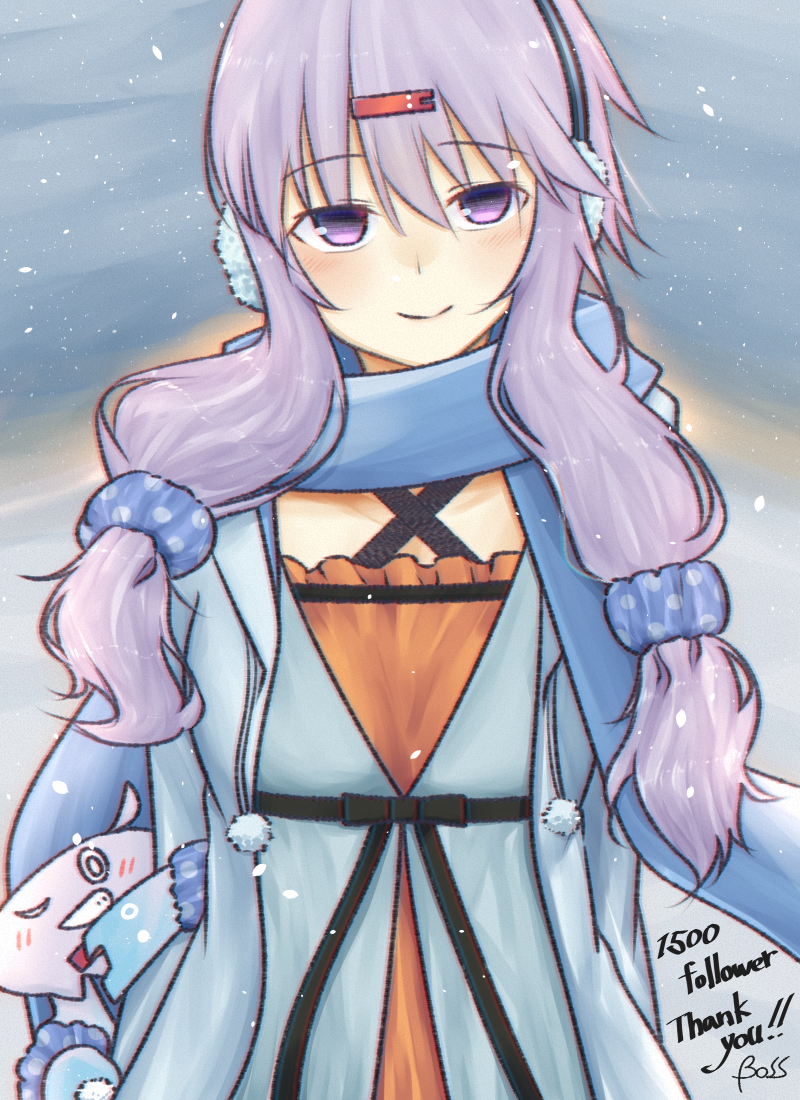 <boss>, 1girl, alternate_costume, artist_name, blue_dress, blue_jacket, blue_scarf, closed_mouth, criss-cross_halter, drawstring, dress, earmuffs, hair_ornament, hair_scrunchie, hairclip, halterneck, jacket, long_hair, looking_at_viewer, low-tied_long_hair, open_clothes, open_jacket, pink_hair, scarf, scrunchie, smile, solo, stuffed_toy, thank_you, upper_body, violet_eyes, vocaloid, voiceroid, yuzuki_yukari