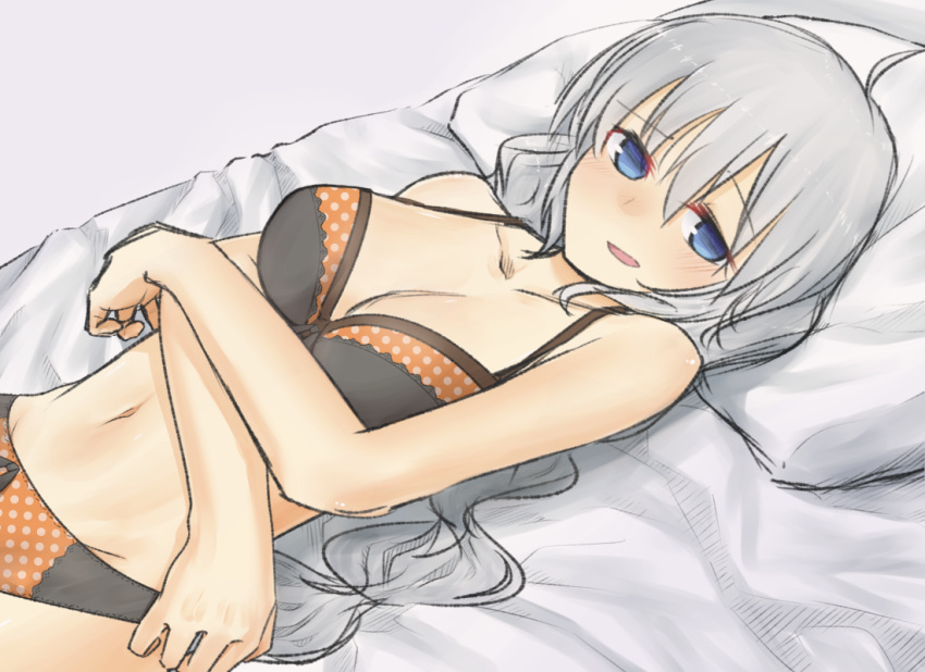 <boss>, 1girl, :d, ahoge, bangs, bare_arms, bare_shoulders, bed_sheet, black_bra, blue_eyes, bra, breasts, cleavage, collarbone, eyebrows_visible_through_hair, kizuna_akari, long_hair, looking_at_viewer, lying, medium_breasts, navel, on_back, open_mouth, panties, pillow, polka_dot, polka_dot_bra, polka_dot_panties, smile, solo, underwear, underwear_only, upper_body, very_long_hair, voiceroid, wavy_hair
