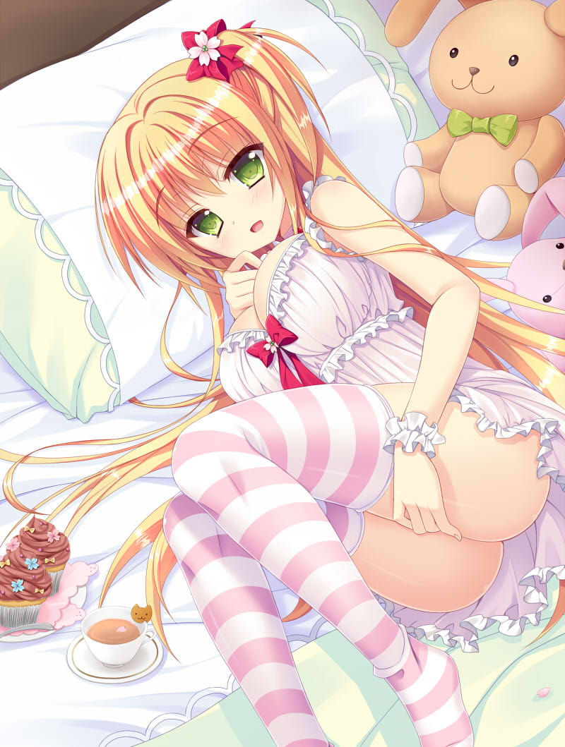 1girl, arisue_tsukasa, ass, babydoll, blonde_hair, bow, breasts, cleavage, cropped_feet, cup, cupcake, eyebrows_visible_through_hair, food, green_eyes, hair_bow, large_breasts, long_hair, looking_at_viewer, lying, on_side, original, pillow, red_bow, shiny, shiny_hair, side_ponytail, smile, solo, striped, striped_legwear, stuffed_animal, stuffed_bunny, stuffed_toy, tea, teacup, thigh-highs