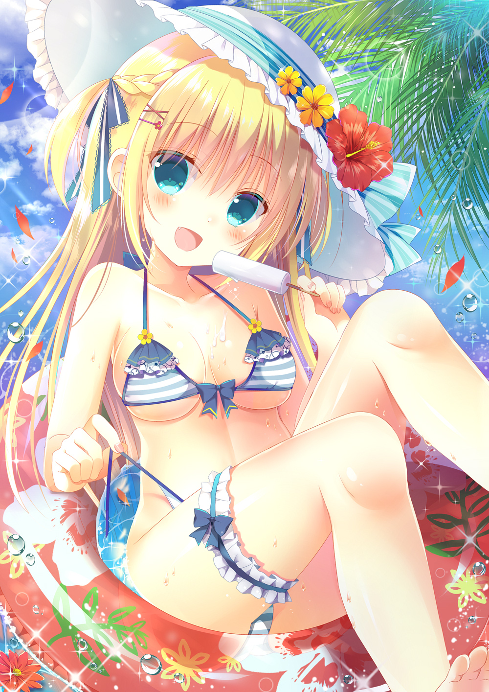 1girl, :d, bangs, bare_arms, bare_legs, bare_shoulders, barefoot, bikini