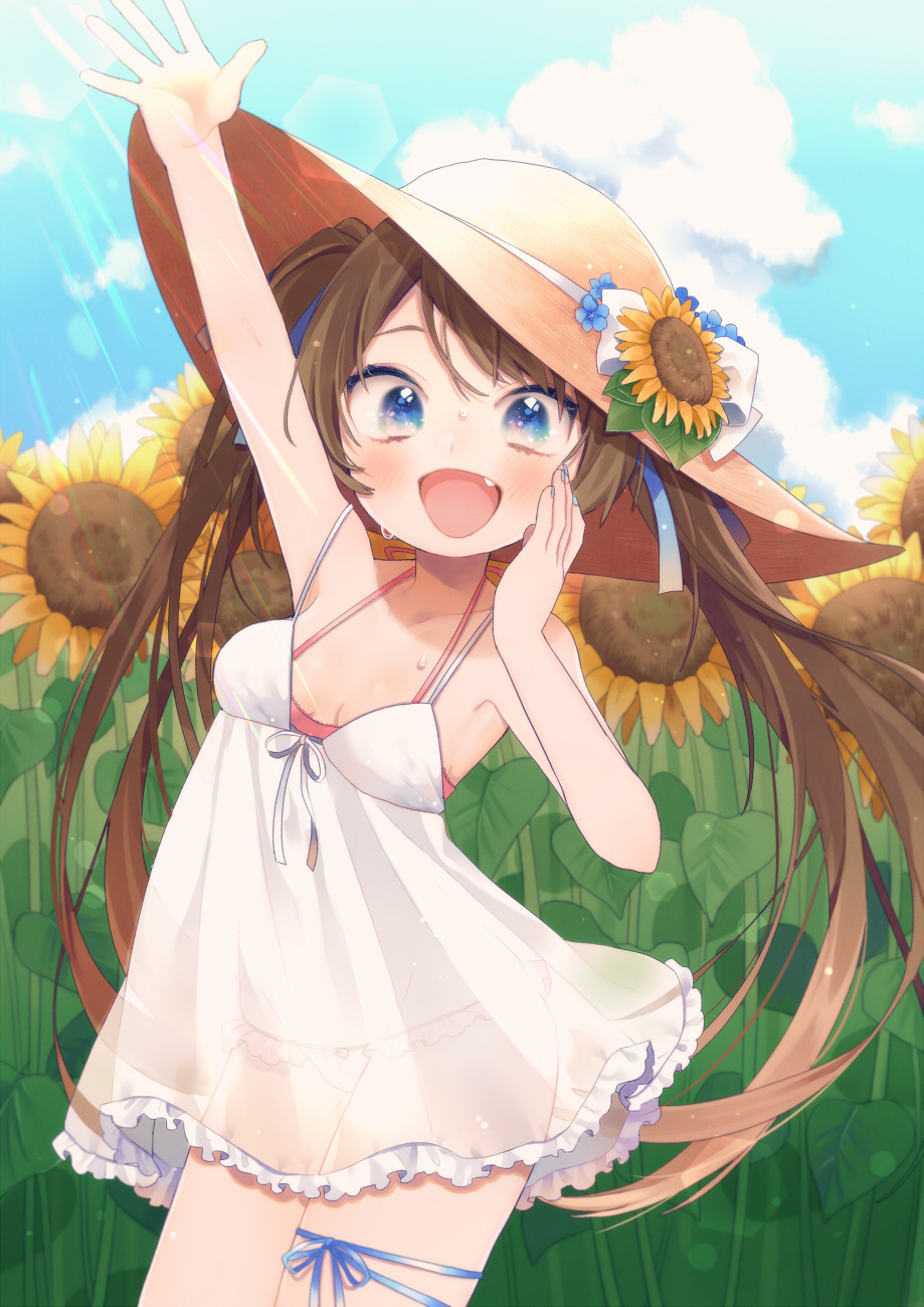 1girl, :d, arm_up, bikini, bikini_under_clothes, blue_eyes, blue_ribbon, blue_sky