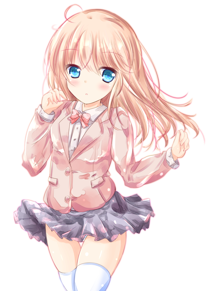 1girl, ahoge, bangs, black_skirt, blonde_hair, blue_eyes, blush, bow