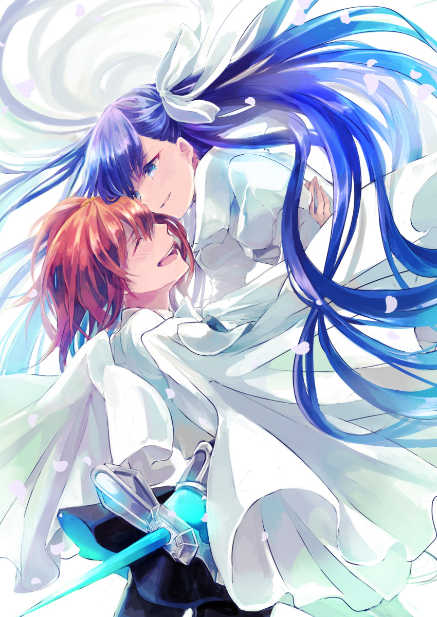 2girls, absurdres, black_legwear, blue_eyes, dress, fate/grand_order, fate_(series), fujimaru_ritsuka_(female), hair_ribbon, highres, hug, meltlilith, mitu-yuki, multiple_girls, orange_hair, pantyhose, petals, purple_hair, ribbon, skirt, sleeves_past_wrists, white_dress