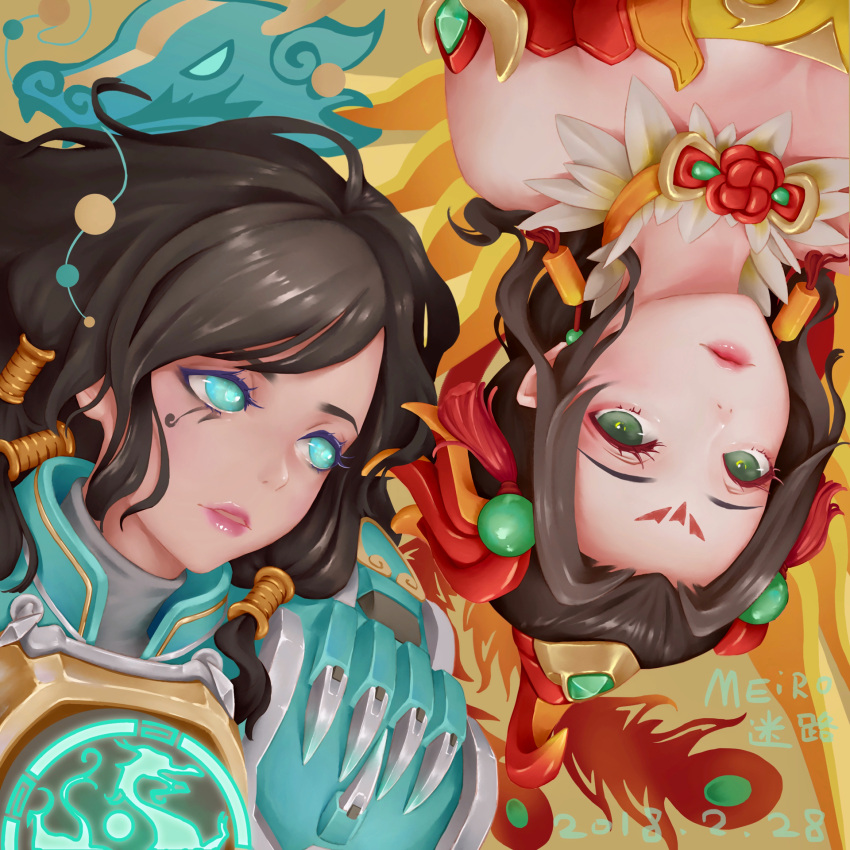 2girls, alternate_costume, alternate_hair_color, alternate_hairstyle, armor, artist_name, bare_shoulders, blue_eyes, brown_hair, chinese_new_year, close-up, dark_skin, dated, dragon, eastern_dragon, eye_of_horus, eyelashes, eyeliner, face, facial_mark, facial_tattoo, forehead_mark, glowing, glowing_eyes, green_eyes, hair_ornament, hair_tubes, headpiece, highres, lipgloss, lips, looking_at_another, looking_at_viewer, makeup, meiro, mercy_(overwatch), multiple_girls, no_headwear, nose, overwatch, parted_lips, pharah_(overwatch), pink_lips, portrait, power_armor, qinglong_pharah, short_hair, signature, smile, tattoo, upside-down, zhuque_mercy