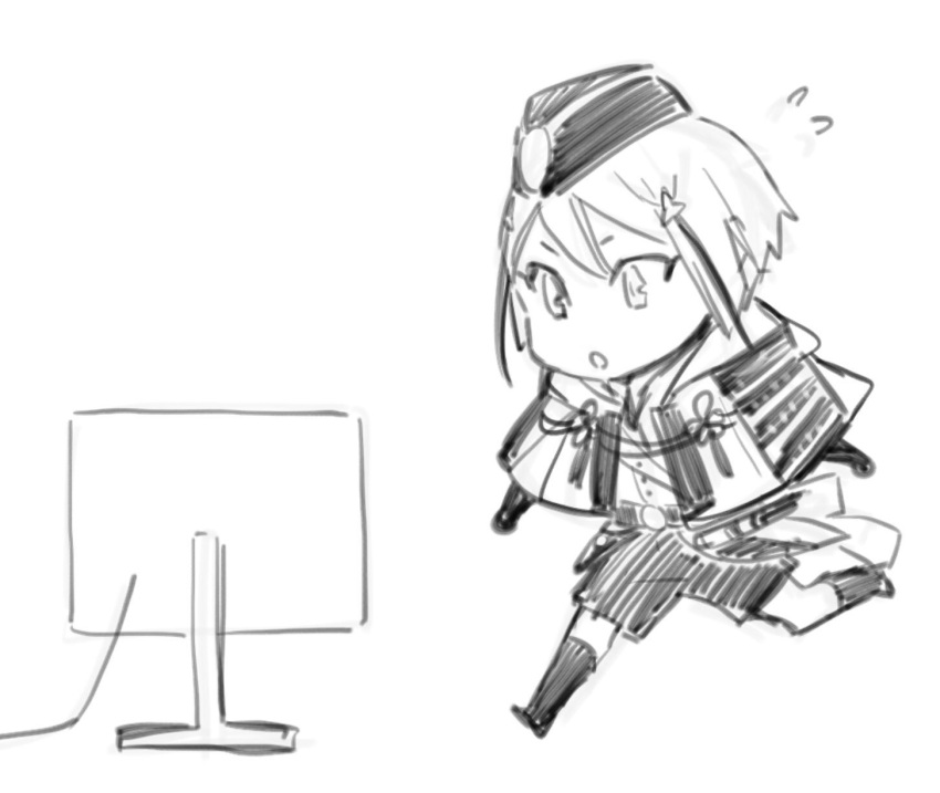 1boy, armor, chibi, computer, garrison_cap, hat, highres, hyuuga_masamune