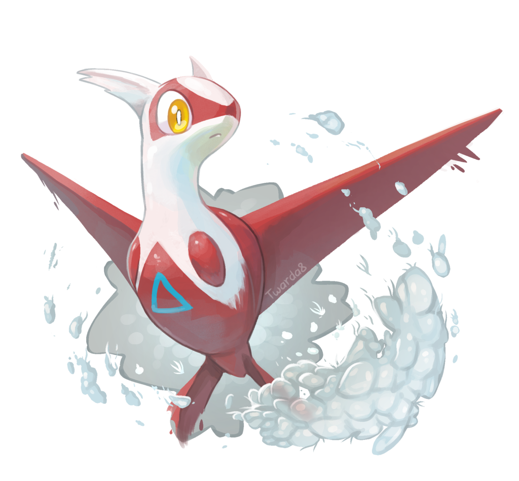 closed_mouth, commentary, creature, flying, full_body, latias, looking_away, looking_to_the_side, pokemon, pokemon_(creature), pokemon_(game), pokemon_rse, signature, simple_background, solo, twarda8, water, white_background, yellow_eyes