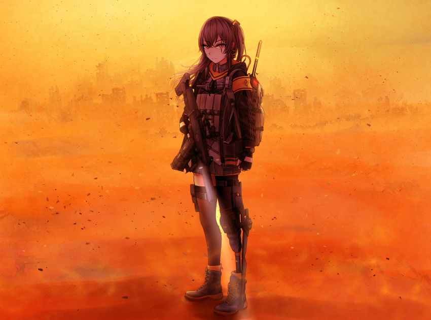 1girl, ankle_boots, arm_at_side, armband, backpack, bag, black_footwear, black_gloves