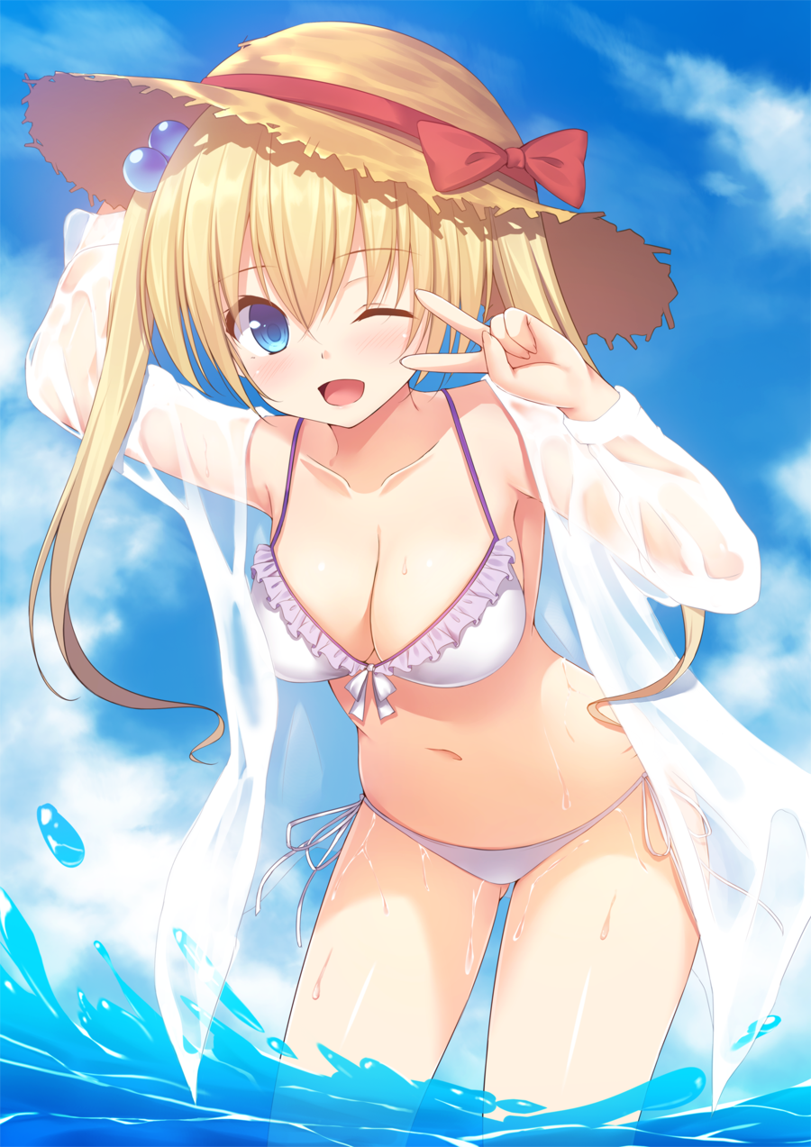 1girl, ;d, arm_up, bangs, bikini, blonde_hair, blue_eyes, blue_sky