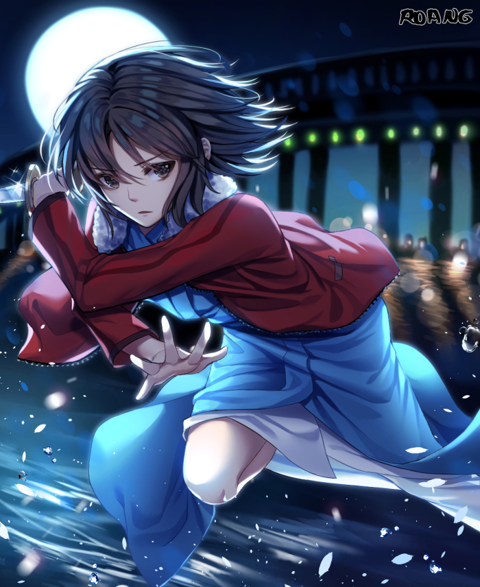 1girl, artist_name, bangs, black_eyes, black_hair, blue_kimono, blurry, bridge