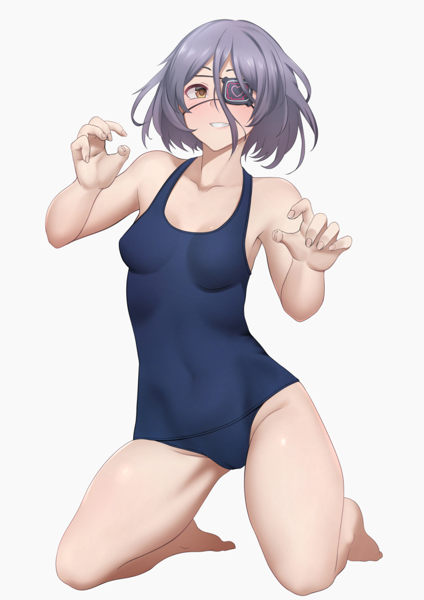 1girl, barefoot, breasts, brown_eyes, covered_navel, eyepatch, full_body, gobi_(sobmobink)